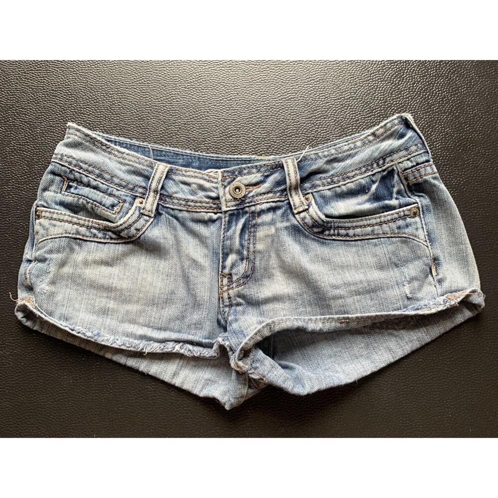 Vintage Y2K Blue Asphalt Grunge Micro Mini Low Rise Denim Shorts Women’s 3